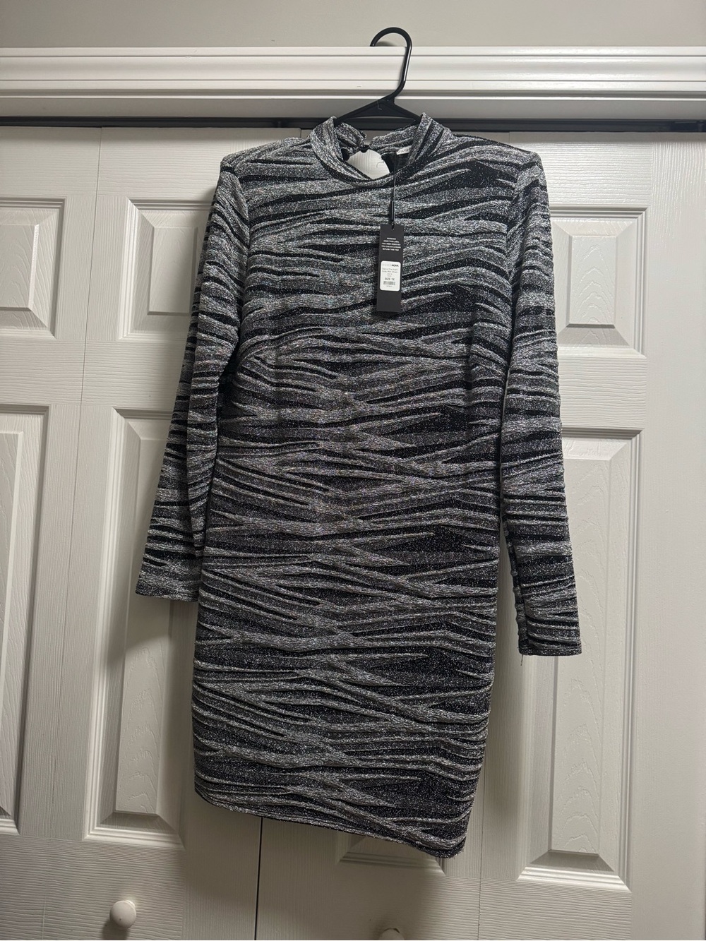 Fashion Nova Black & Gray Striped Mock Neck Mini Dress